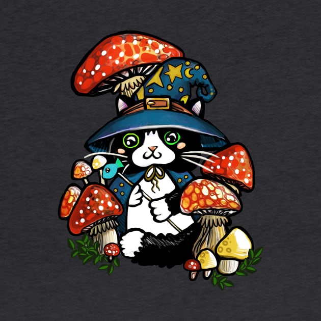 Adorable and Mystical Kitty Cat Wizard Sitting in some Mushrooms by ckrickett